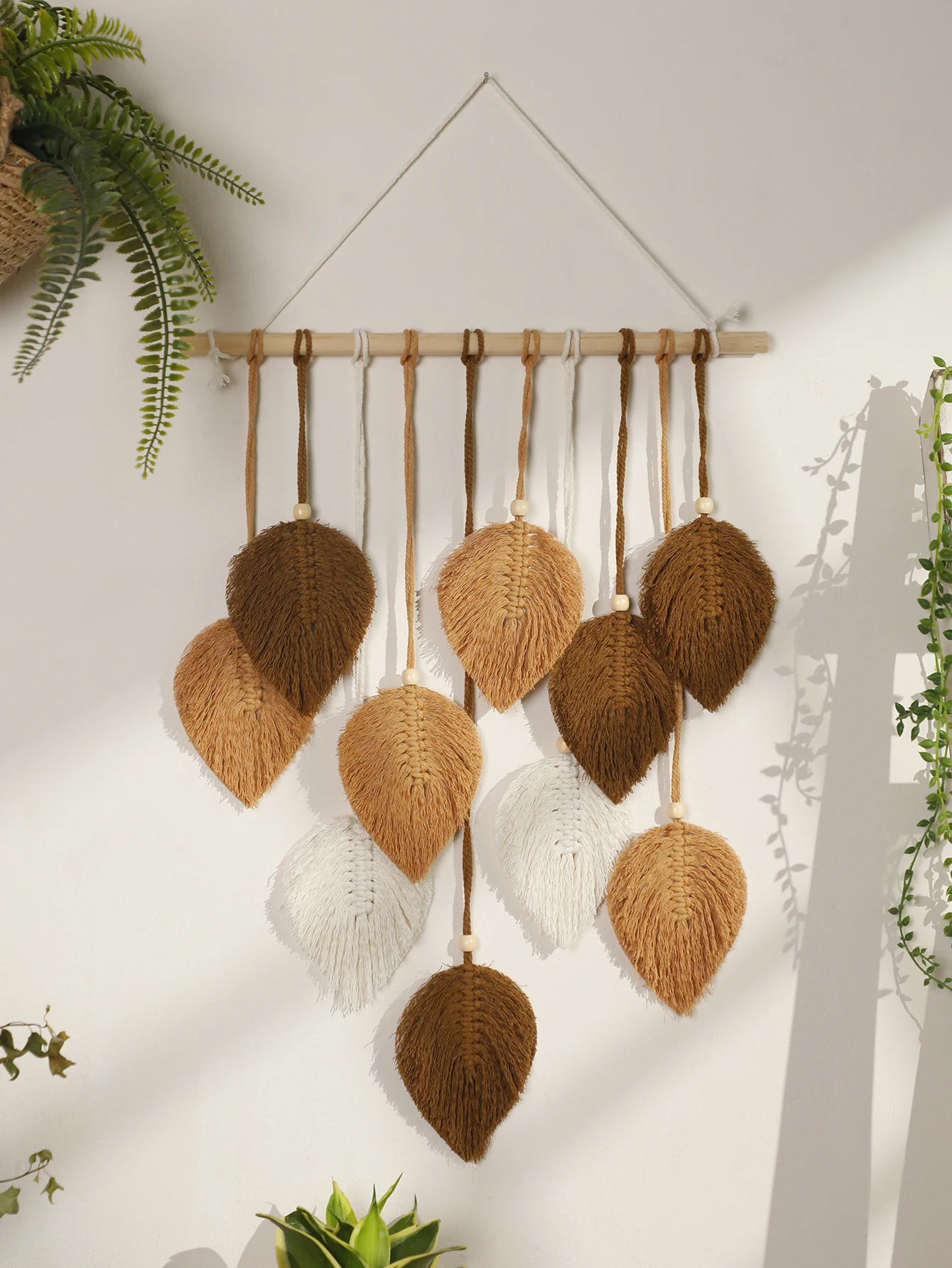 Makrama liść ścienna boho – zielono-brązowa ozdoba do domu Morela