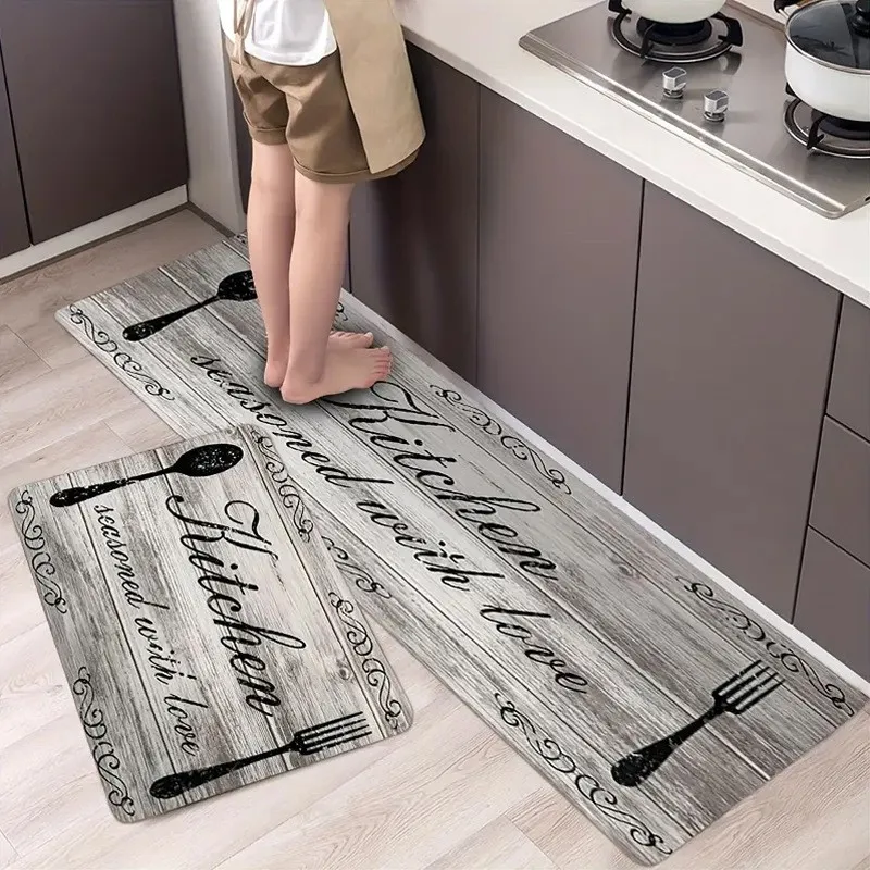 Mata kuchenna z motywem sztućców odporna na plamy do prania Zielony