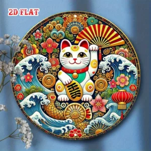 Metalowy okrągły znak japoński Maneki Neko kot szczęścia ścienny 20x20 cm Biały