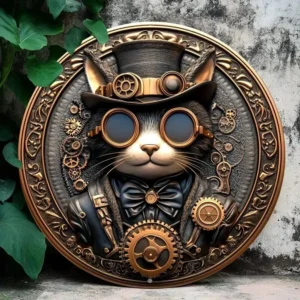 Metalowy znak ścienny steampunkowy kot 2D — dekoracja aluminiowa 