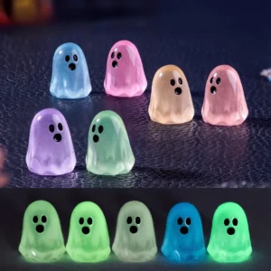 Miniaturowe świecące duchy – zestaw figurek do dekoracji Halloween i terrarium Jasnożółty