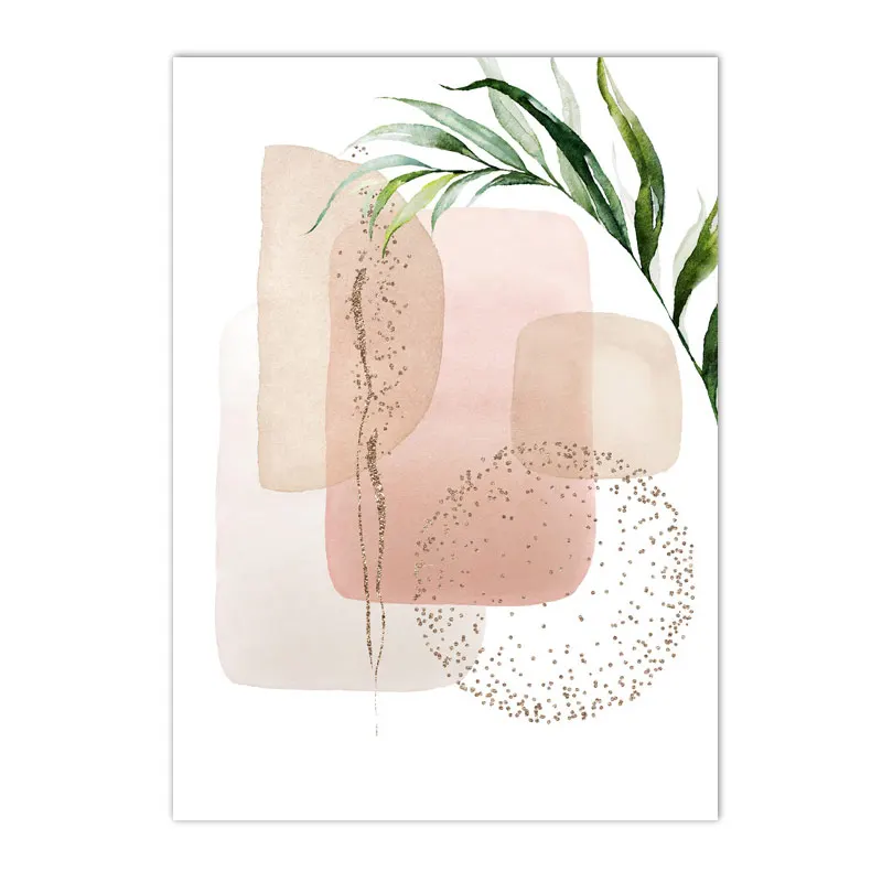 Minimalistyczny Plakat Beżowy Geometryczny Zielony Liść Boho Salon Jasnoszary