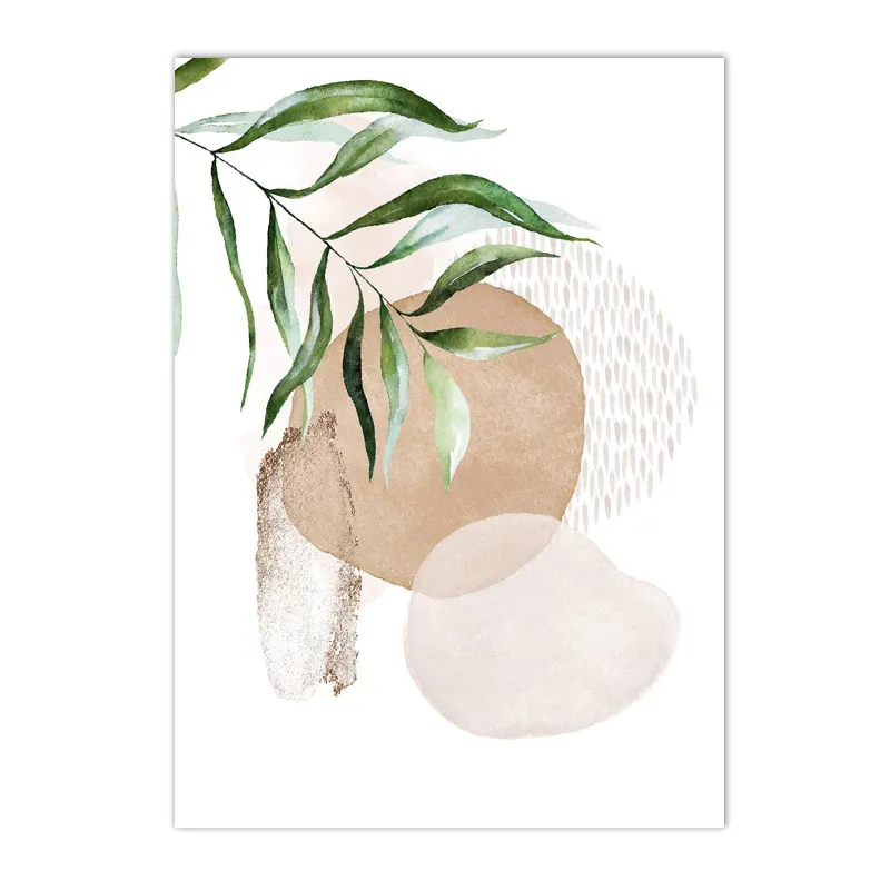 Minimalistyczny Plakat Beżowy Geometryczny Zielony Liść Boho Salon Zielony