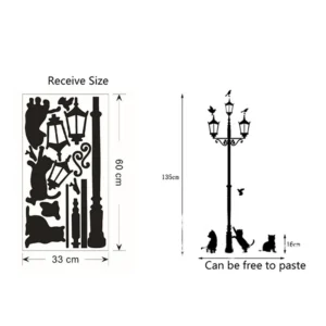 Naklejka ścienna DIY — koty i ptaki przy lampie, czarna Czarny