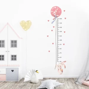 Naklejka ścienna miarka wzrostu różowy królik balon dla dzieci Różowy