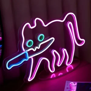 Neon LED kot z nożem dekoracja ścienna świetlna pokój Różowy