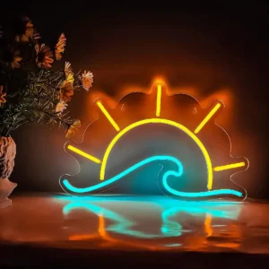 Neon LED wschód słońca morska fala podświetlana dekoracja ścienna Czerwona róża