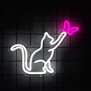 Neonowy Szyld LED Kot w Okularach — Dekoracja Ściany USB Fioletowy