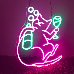 Neonowy znak LED z kotem i bubble tea — dekoracja ścienna do kawiarni i domu Jasny róż