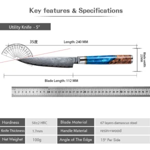 Nóż szefa kuchni ze stali damasceńskiej VG10 z niebieską rękojeścią Utility knife