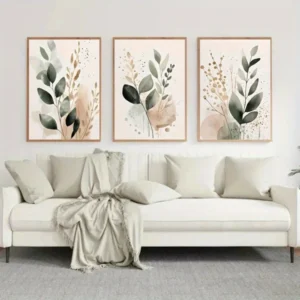 3 Obrazy Botaniczne Szałwiowa Zieleń Liście Boho Minimalistyczne Biały