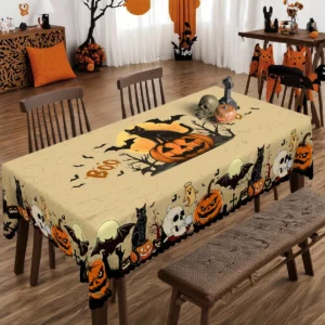 Obrus na Halloween z dyniami i czarnym kotem Biały