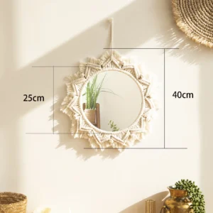 Okrągłe lustro ścienne z makramą boho — dekoracja nordycka Brązowy