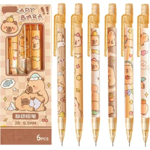 Ołówki automatyczne 0,5mm z kapibarą i gumką, zestaw 6 sztuk kawaii żółty