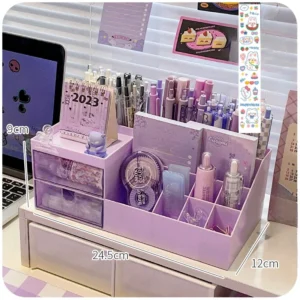 Organizer na biurko z szufladką i przegródkami kawaii różowy Czarny