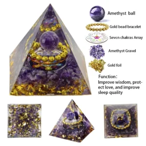 Piramida orgonit z kryształem, dekoracja na biurko Amethyst