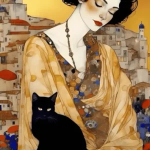 Plakat Artystyczny Kobieta z Kotem Inspirowany Klimtem Vintage Boho Niebieski