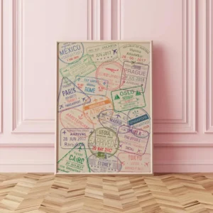 Plakat canvas znaczki paszportowe – podróżnicza dekoracja ścienna Biały