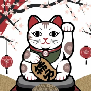 Plakat z japońskim kotem szczęścia Maneki Neko na płótnie Biały