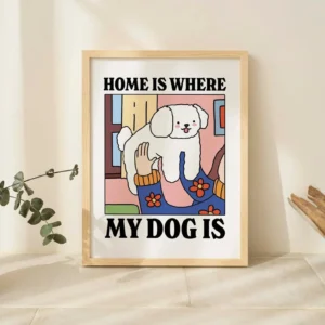 Plakat kawaii z kotem myjącym łapki — obraz na płótnie do łazienki i pokoju dziecięcego Fioletowy
