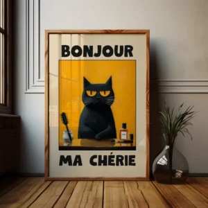 Plakat na plotnie Bonjour Mon Amour z czarnym kotem mid-century Burgundia