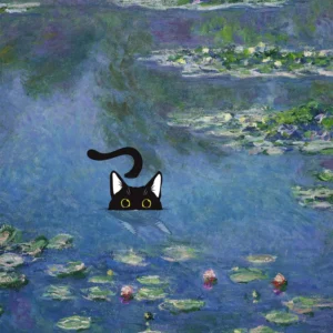 Plakat na płótnie Monet – czarny kot i lotosy w stylu impresjonistycznym Brązowy