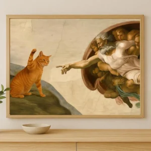 Plakat ścienny z kotem parodia Stworzenia Adama do salonu Czerwony