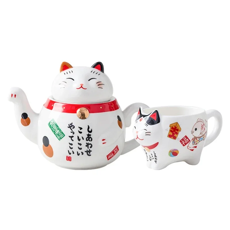 Porcelanowy zestaw do herbaty z kotem na szczęście Maneki Neko Jasnozielony
