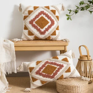 Poszewka wielokolorowa geometryczna z pętelkowym aksamitem boho Brązowy