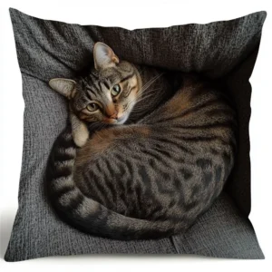 Poszewka na poduszkę ze śpiącym kotem tabby Beżowy