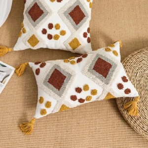 Poszewka tufted ręcznie robiona z frędzlami etno boho Błękitny
