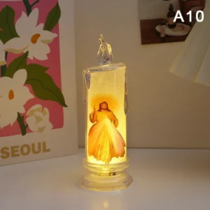 Religijna świeczka LED z Jezusem i Matką Boską lampka nocna Ciepły biały