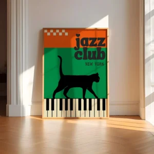 Retro plakat japońska muzyka jazzowa z czarnym kotem Jasny srebrny