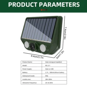 Solarny odstraszacz zwierząt z lampą błyskową i dźwiękiem Armijna zieleń