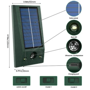 Solarny ultradźwiękowy odstraszacz zwierząt z lampą błyskową do ogrodu Jasnoszary