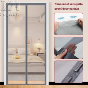 Szara magnetyczna moskitiera drzwiowa - siatka na miarę samozamykająca niewidoczna Czerwony