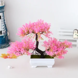 Sztuczne bonsai w doniczce — dekoracyjne drzewko do salonu Różowy