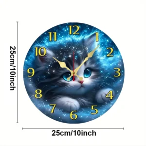 Uroczy drewniany zegar scienny z kotem okragly cichy 25 cm Wielo