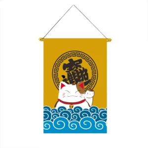 Wisząca flaga z kotem maneki neko trójkątna żółty