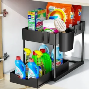 Wysuwany organizer pod zlew z haczykami, 2 poziomy Czarny
