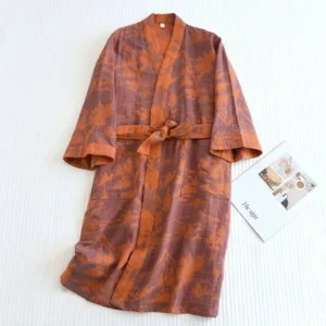 Wzorzysty szlafrok bawełniany damski japoński styl kimono Pomarańczowy