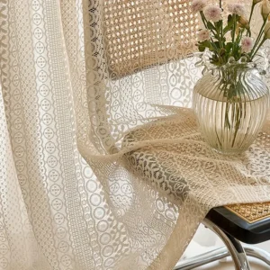 Zasłona tiulowa koronkowa żakardowa boho do salonu beżowa Jasnożółty