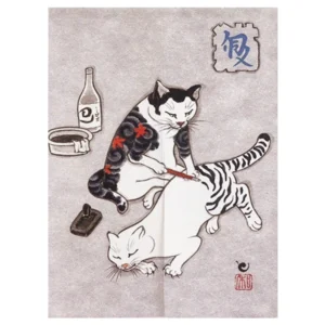 Zasłonka kuchenna noren z kotem ukiyo-e w stylu japońskim Zielony