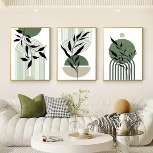 Zestaw 3 plakatów sage green boho mid-century do salonu Biały