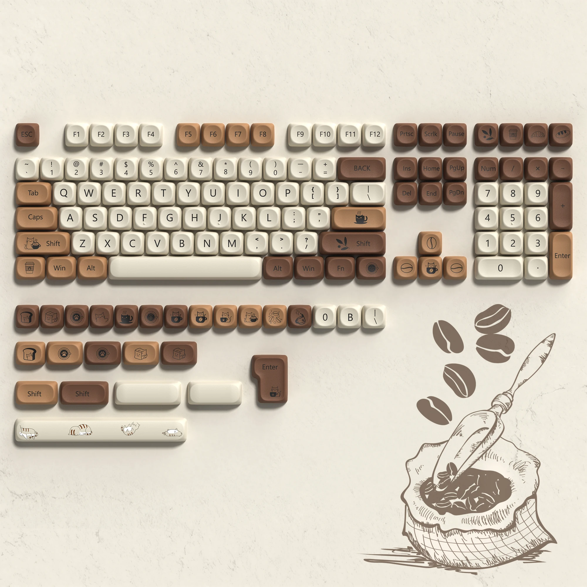 Zestaw nasadek na klawisze PBT Coffee Cat, 130 szt. Khaki